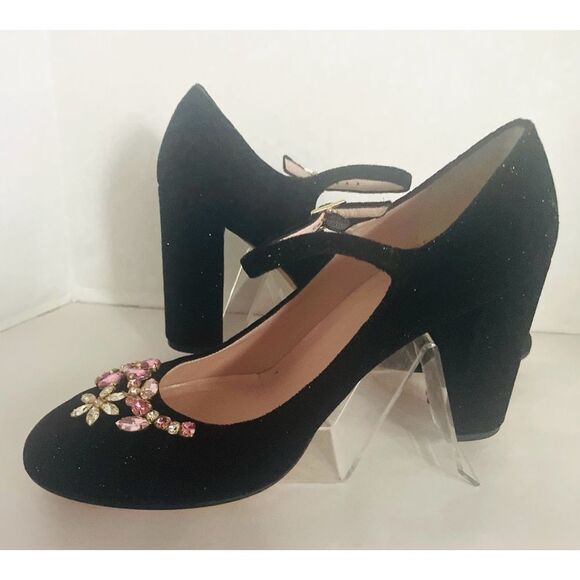 Kate Spade Black Velvet Heels with Pink Embellishments ballina Mary Jane Pump 10 - Picture 9 of 10